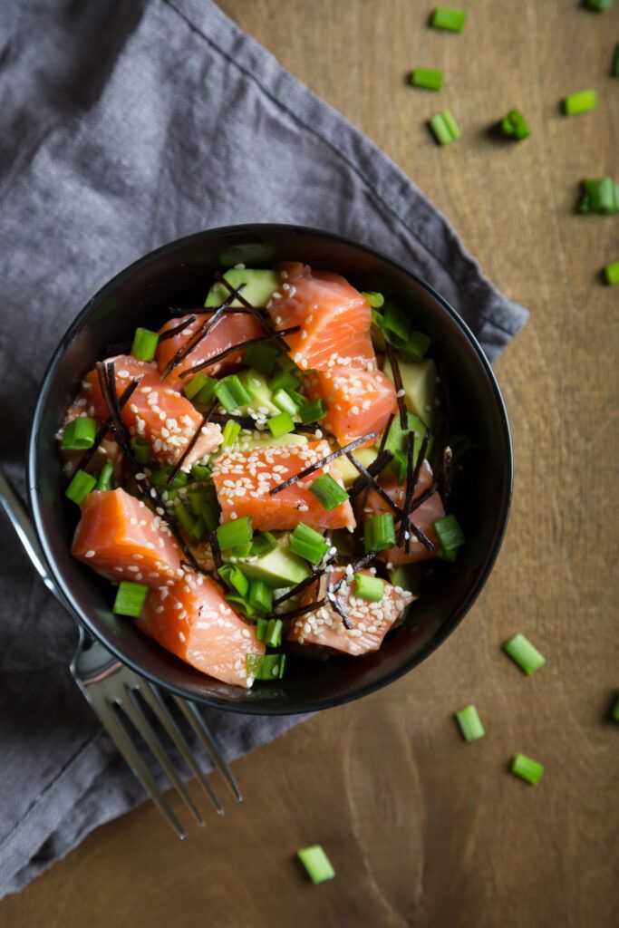 Image of a bowl with chopped up raw salmon and green onions