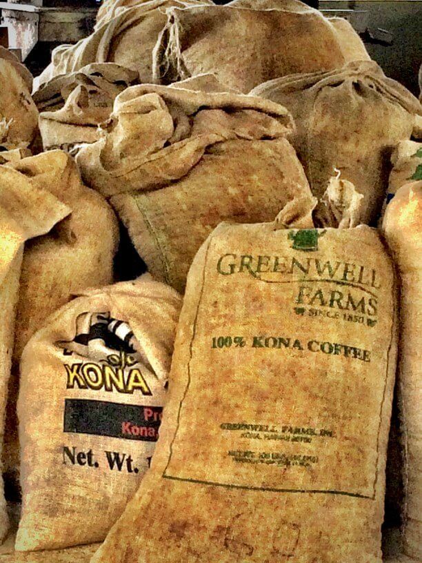 image of burlap bags of Kona coffee beans.