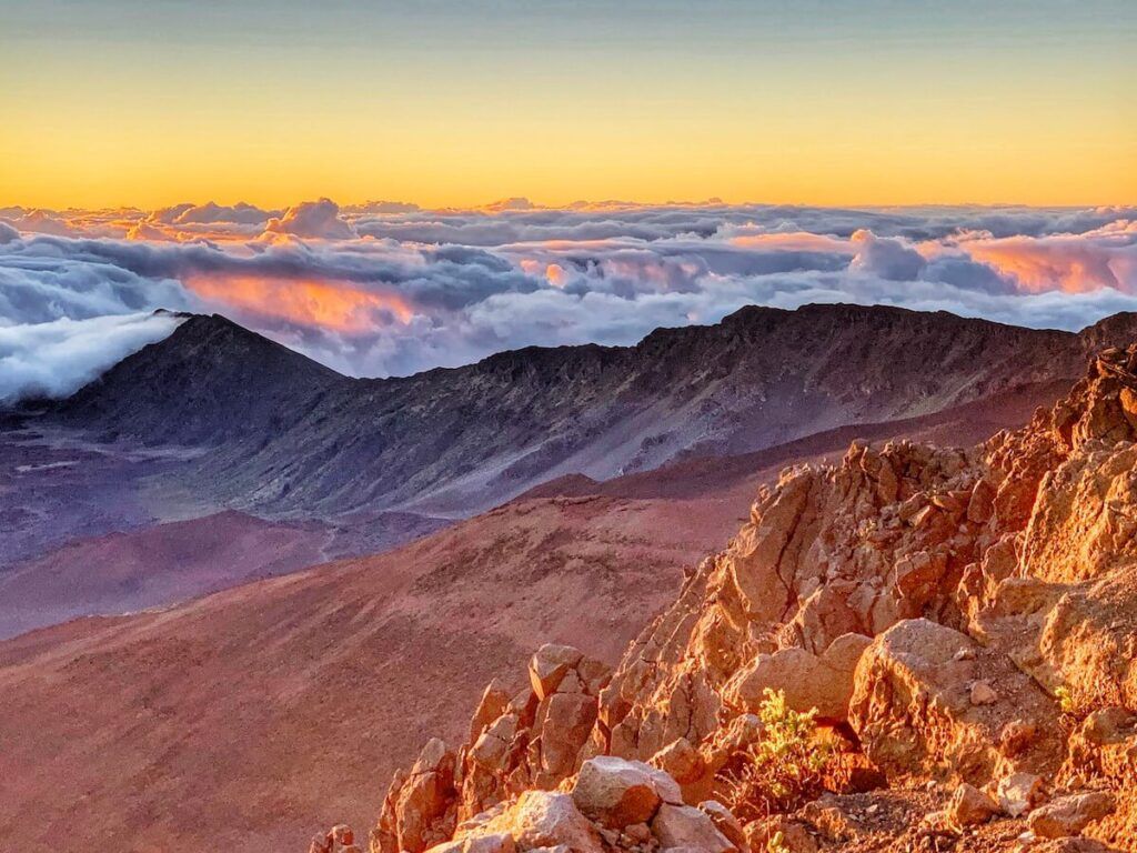 Image of Haleakala National Park on Maui with lots of rocks at sunrise