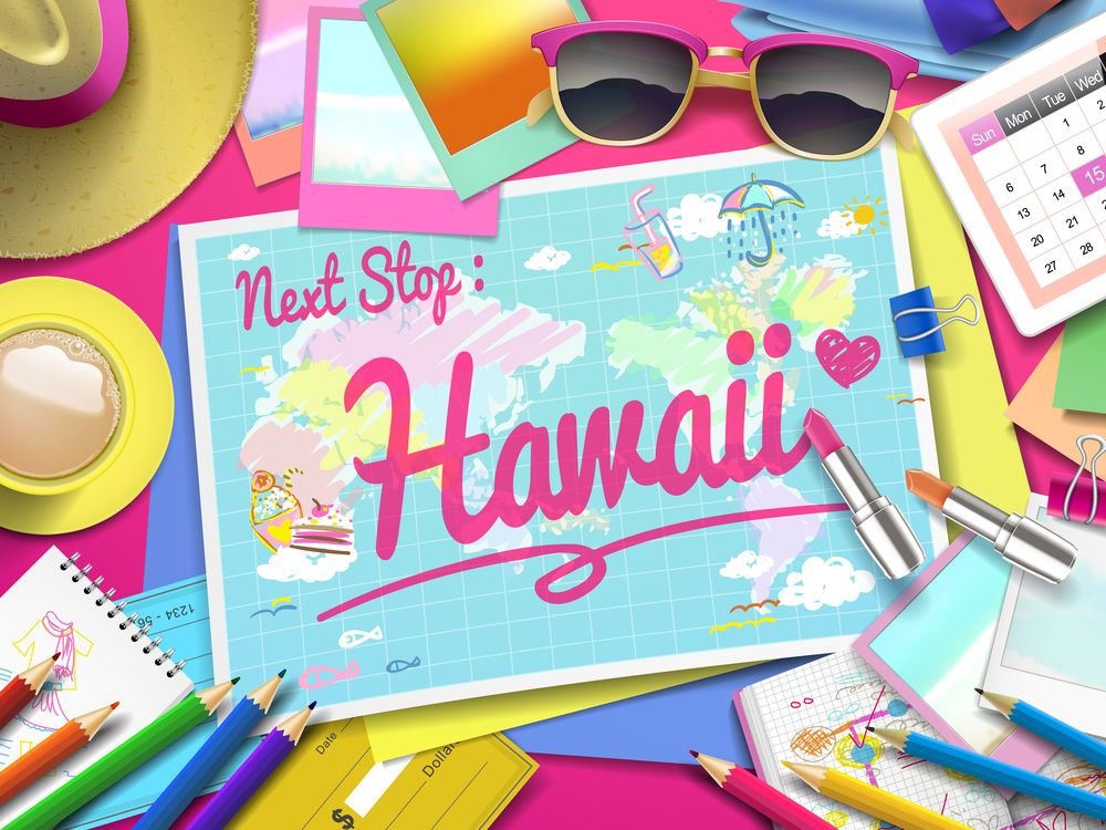 Image of Hawaii on map, top view of colorful travel essentials on table