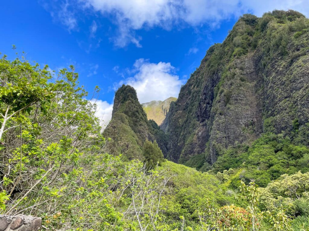 Image of a sharp mountain peak called I'ao Needle on Maui surrounded by green mountains and bushes