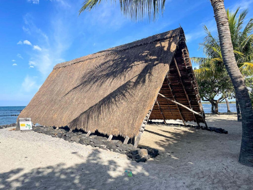 Image of a large Hawaiian a-frame structure at Kololo-Honokahau National Historical Park on the Big Island of Hawaii