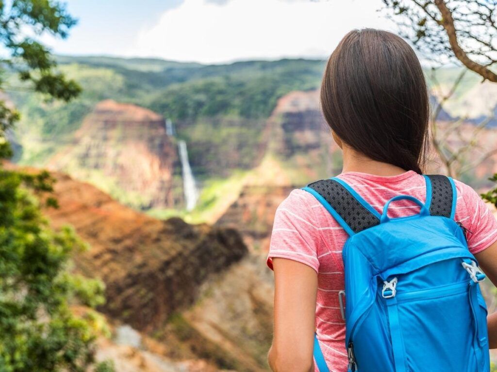 Image of a woman wearing a blue backpack looking out at a waterfall in Waimea Canyon