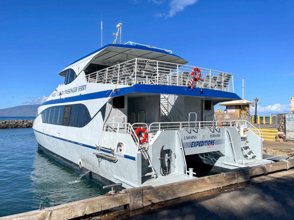 Maui to Lanai Ferry. Image of a small passenger ferry in Manele Bay on Lanai.