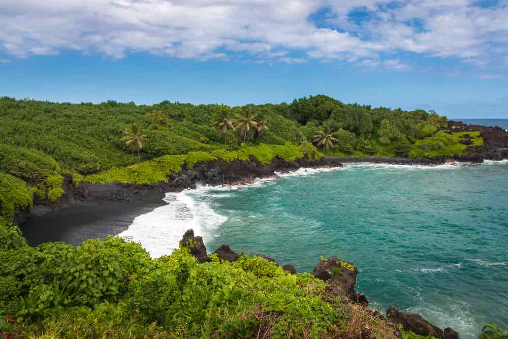 Image of Waianapanapa Black Sand Beach on the Hawaiian island of Maui along Road to Hana, USA