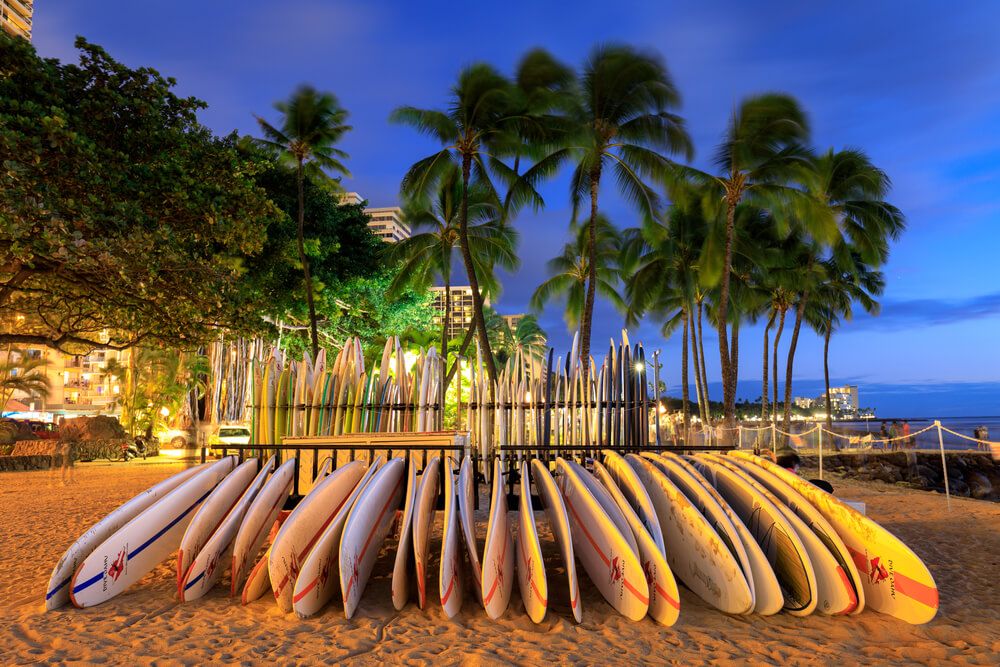 Image of surfboards lined up on Waikiki Beach at dusk