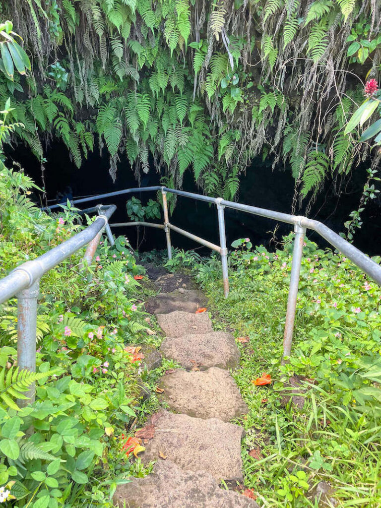 Road to Hana Stops: Image of stairs leading down into the Hana Lava Tube