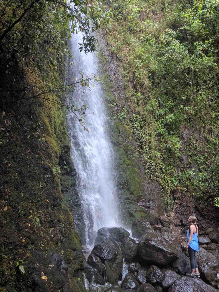 Image of a woman looking at Lulumahu Falls on Oahu