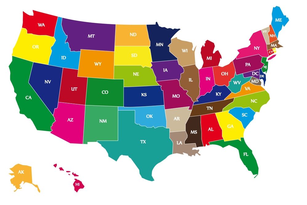 Image of a Detail color map of USA with name of states.