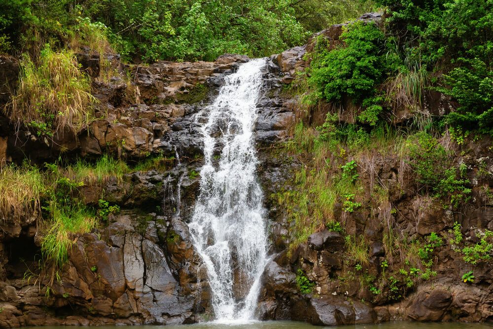 Waimea Falls in Haleiwa Oahu. Image of a small Oahu waterfall going over rocks