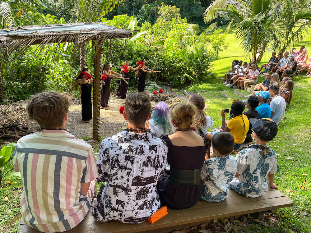 Experience Nutridge Luau. Image of people watching hula dancers in an outdoor amphitheatre