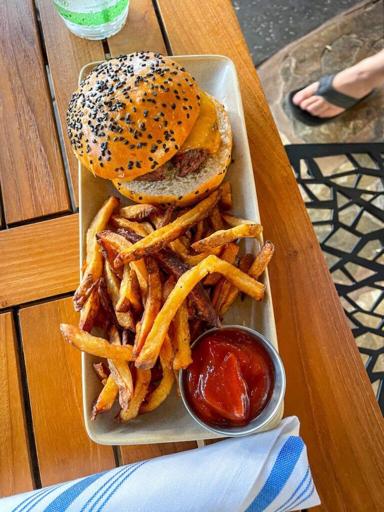 Monkeypod Kitchen in Ko Olina Oahu: Image of a cheeseburger and fries