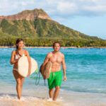 Find out the best things to do in Waikiki recommended by top Hawaii blog Hawaii Travel Spot! Image of a man and woman holding surfboards at Waikiki beach with Diamond Head in the background