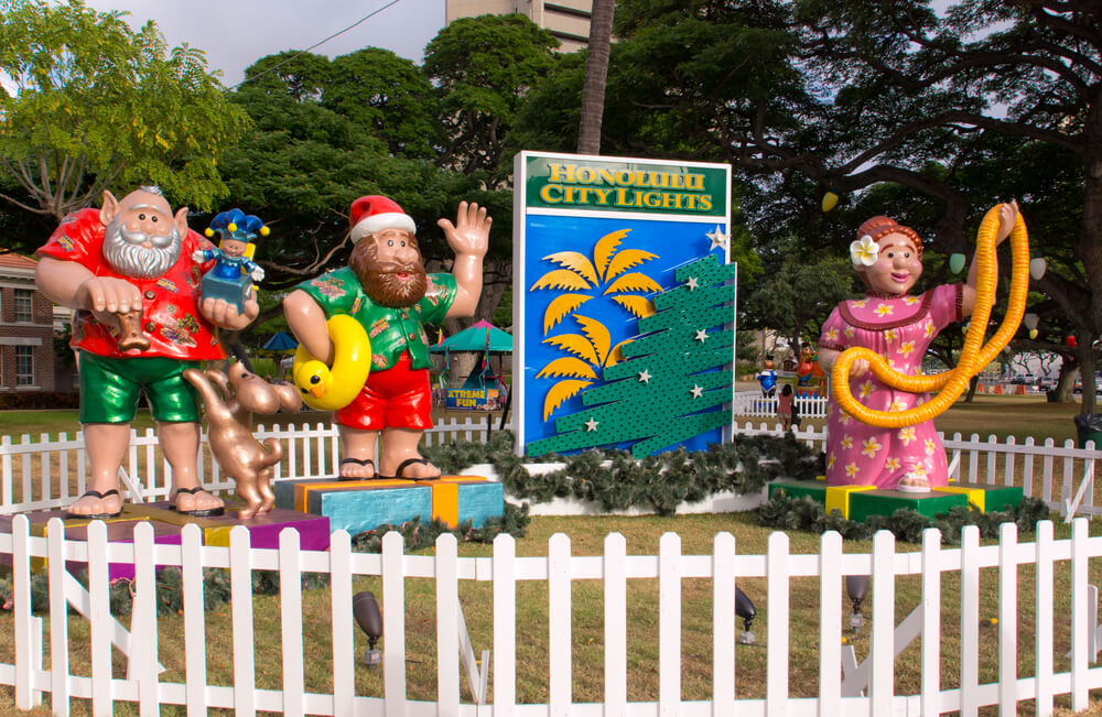 Honolulu City Lights is the most popular Oahu Christmas event. Image of Hawaiian holiday decorations.
