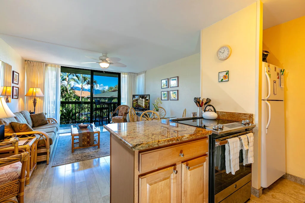 Image of a Maui condo kitchen and dining/living area