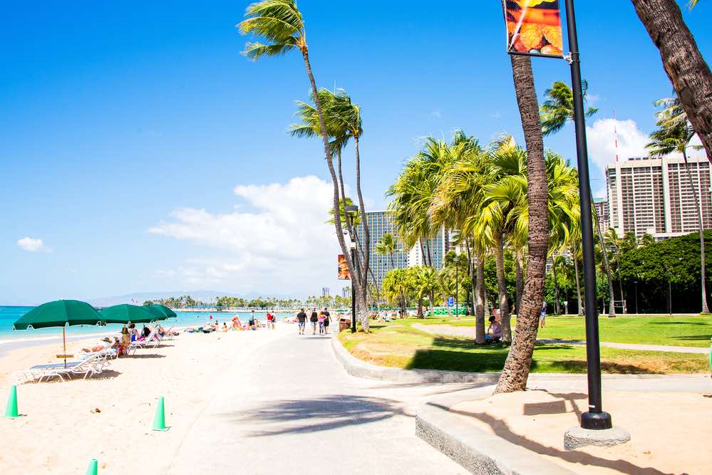 Image of white sand at Waikiki with palm trees and hotels in the background.