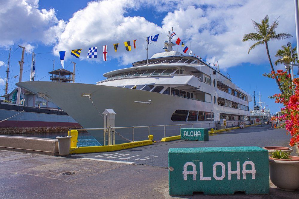 Day cruise ship Star of Honolulu greets tourists with Aloha in Oahu, Hawaii