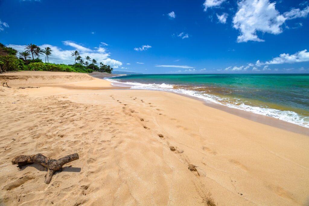 Sunset Beach is on the North Shore of Oahu in Hawaii and known for big wave surfing during the winter season. In summer, the sea of Sunset Beach is calm and suitable for snorkeling in the coral reef.