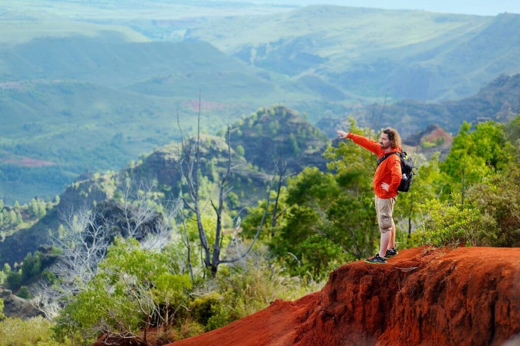 Young man enjoying stunning view into Waimea Canyon, Kauai, Hawaii