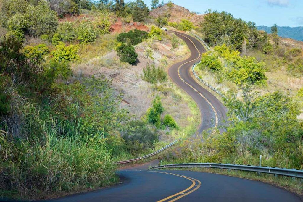 Winding street to Kalalau Lookout on the Hawaiian island of Kauai, USA