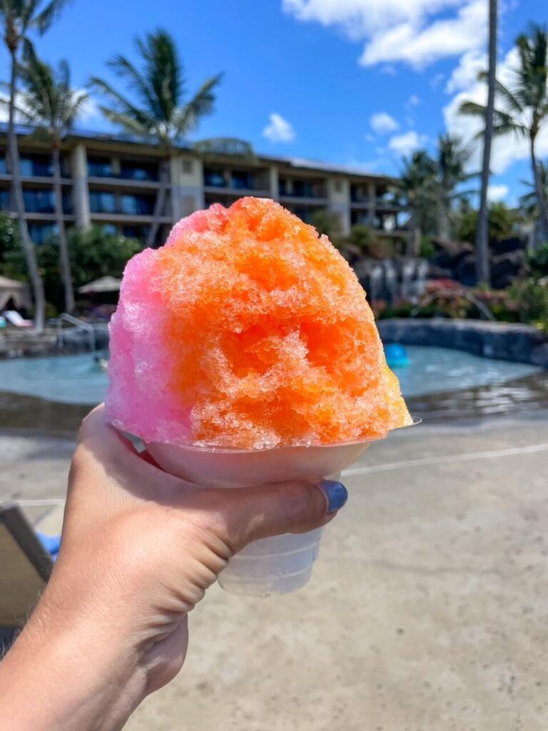 Image of shave ice in front of a resort on Kauai