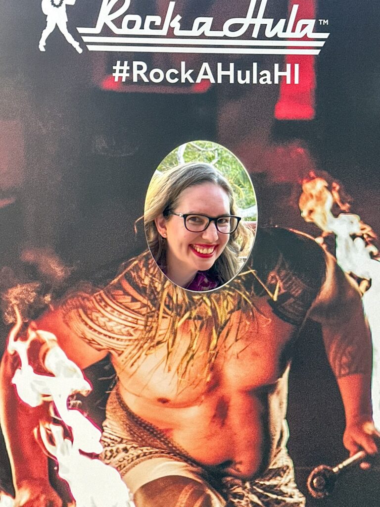 Image of Marcie Cheung of Hawaii Travel Spot at the Rock a Hula show in Waikiki.